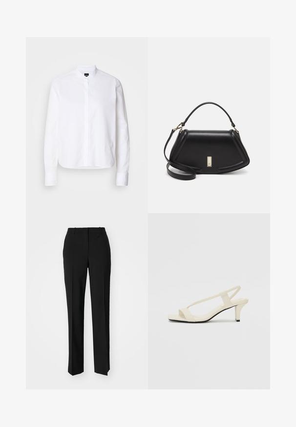 White collared shirt with a front placket, long sleeves, and button cuffs. Made from smooth cotton fabric with a structured fit.; Black tailored trousers with a straight-leg design, featuring a smooth texture and crisp creases along the front. No visible hardware.; Beige block-heeled sandals with thin straps and a square toe. Smooth material with minimal detailing, designed for easy wear.; Black leather handbag with a structured design, featuring a cropped shape, top handle, and gold hardware accent. Adjustable shoulder strap included.