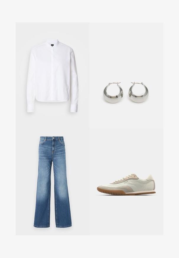 Hvit skjorte med krage, front plakket, lange ermer og knappmansjetter. Laget av glatt bomullsstoff med en strukturert passform.; Lyseblå denim bukser med vid ben og høy midje, med fem lommer, beltehemper og en subtil falming mot kanten.; Hvite og beige sneakers med en glatt overdel med semsket skinn-detaljer, en teksturert såle og tonede sømmer. Snøring med logo-detalj.; Sølvmetalløreringer med en glatt, skinnende overflate og et strukturert, rundet design. Har en hengslet lås for sikker bruk.
