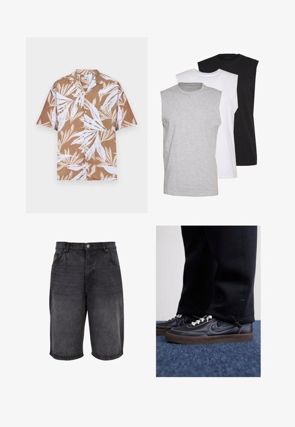 Camisa de botones de manga corta en color marrón con patrones de hojas tropicales blancas, hecha de tela ligera con un ajuste relajado y un cuello clásico.; Tres camisetas sin mangas en gris, blanco y negro. Material de algodón suave con cuello redondo y corte relajado. Diseño simple, sin patrones.; Pantalones cortos de mezclilla negra con un ajuste relajado, diseño de cinco bolsillos y cierre de botón. La tela tiene una textura suave con un desgastado sutil.; Nike Sportswear KILLSHOT 2 LTR PRM OPP2 - Zapatillas - black sail baroque brown mtlc dk grey