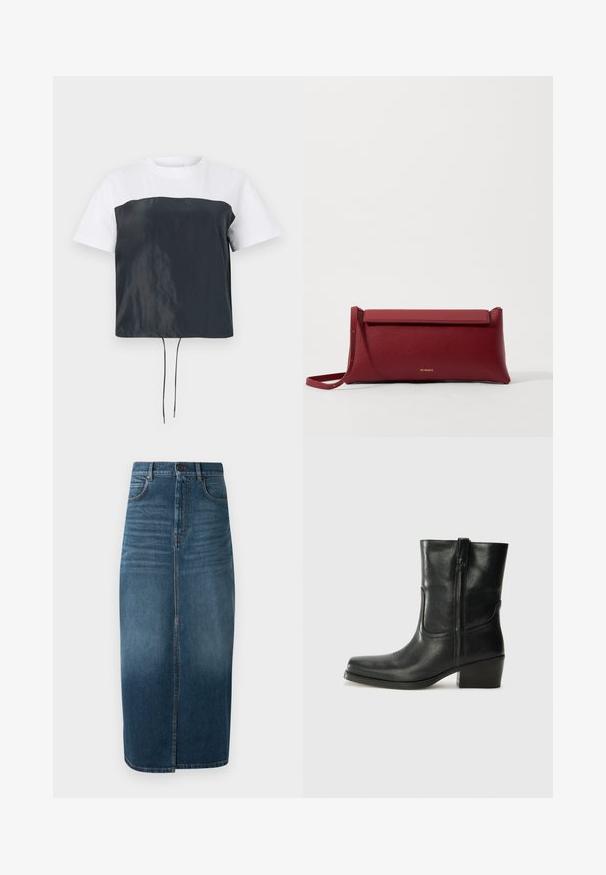 Kortærmet cropped T-shirt med en hvid bomuldsøvre og en mørkegrå, blank polyester nederdel med justerbar snor i kanten.; Denim midi nederdel i mørk indigo med en forkant split og let falming. Klassisk fem-lomme design med metal knaplukning.; Sort læder ankelstøvle med rundt tå, blokhæl, lynlås i siden og stikninger på vampsiden. Glat tekstur, klassisk design.; Rød læder clutchtaske med tekstureret overflade, der har et fladt fold-over top og en kort rem. Diskret logo på fronten.