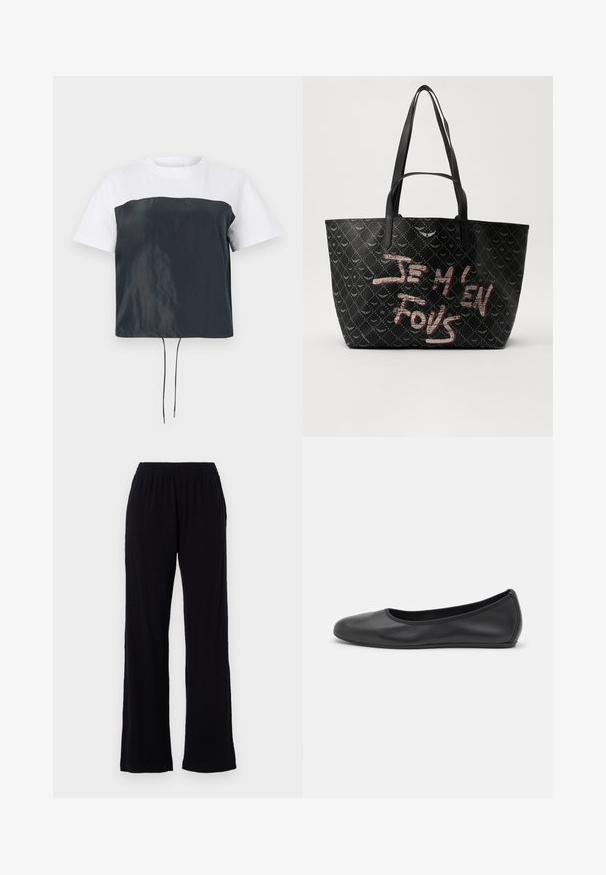 Krótki, rękawowy, krótki T-shirt z białą górą z bawełny i ciemnoszarym, błyszczącym dolnym elementem z poliestru, z regulowanym ściągaczem u dołu.; Czarne, lekkie spodnie z elastycznym pasem i prostym krojem nogawek. Miękka tekstura, bez widocznych wzorów czy akcentów. Prosty i uniwersalny styl.; Czarne skórzane baletki z zaokrąglonym noskiem, gładką fakturą, minimalnymi przeszyciami i elastycznym designem podeszwy.; Czarna torba tote z teksturowanym materiałem, ozdobiona wzorem w diamenty, z ramiączkami na ramię oraz wyraźnym tekstem w kolorze czerwonym i białym, brzmiącym "JE M'EN FOUS."
