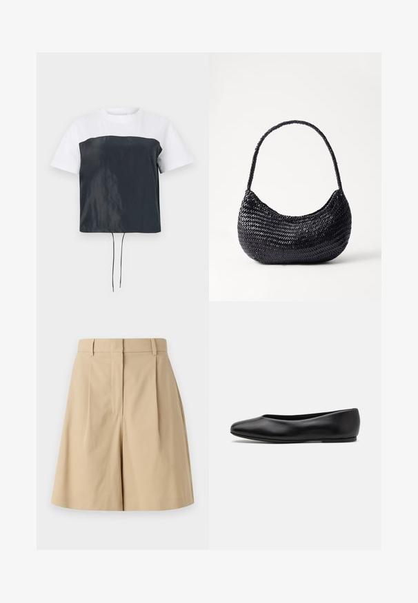 Korte mouwen cropped T-shirt met een witte katoenen bovenkant en een donkergrijze, glanzende polyester onderkant met een verstelbare trekkoordonderkant.; Beige geplooide shorts met een hoge taille, gekenmerkt door een gladde textuur en zonder zichtbare sluitingen, ontworpen voor een strakke silhouet.; Paul Smith TOPANGA - Ballerina's - black; DRAGON DIFFUSION NOVA LUNA - Handtas - black