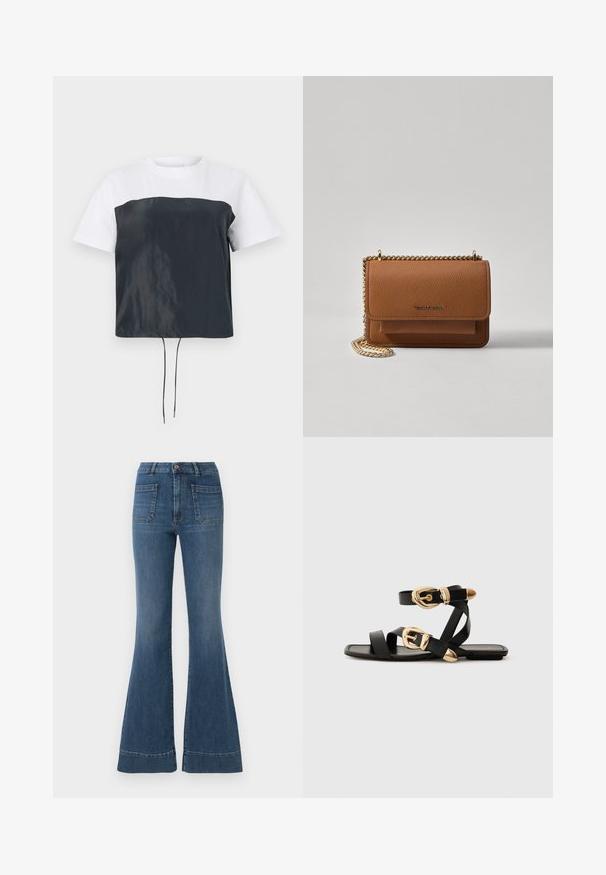 Lyhythihainen lyhyt toppi, jossa on valkoinen puuvillainen yläosa ja tummanharmaa, kiiltävä polyesterin alaosa, jossa on säädettävä naruhelma.; Siniset leveälahkeiset farkut keskitummassa pesussa, joissa on korkea vyötärö, viisi taskua ja lievää kulumista polvien ja reiden ympäri.; Mustat nahkakengät kultaisilla solkiyksityiskohdilla, joissa on useita hihnoja ja litteä pohjarakenteinen muotoilu avonaisille varpaille.; Ruskean teksturoidun nahkasta valmistettu crossbody-laukku, jossa on kultaketjuhihna ja läppäkiinnitys. Edessä on logodetail ja tasku läppäisen alla.