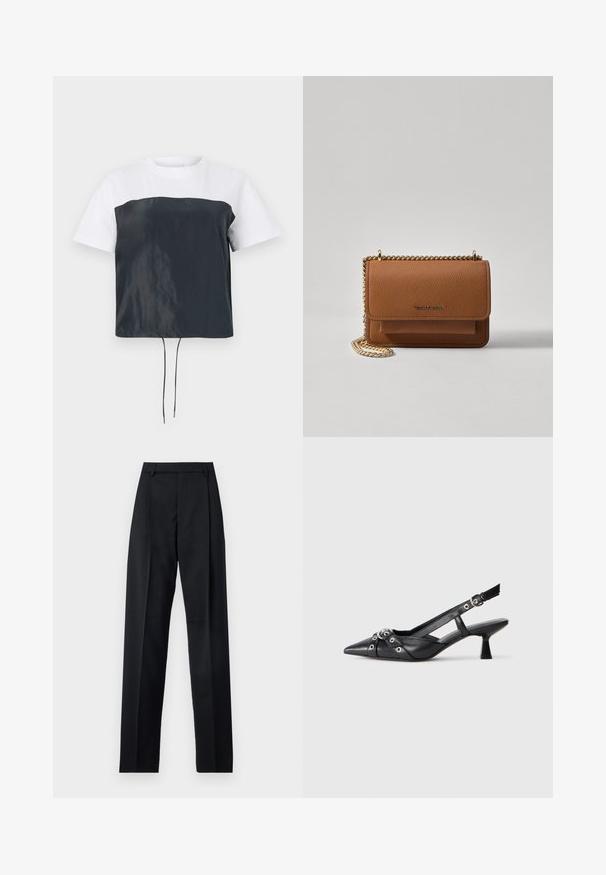 Kratka majica s kratkimi rokavi, ki ima zgornji del iz belega bombaža in spodnji del iz temno sive, sijajne poliestrske tkanine z nastavljivim vrvico na robu.; Črne hlače iz gladkega materiala, ki imajo visok pas, široke noge, sprednje nabore in klasične zanke za pas. Nevidni stranski žepi.; Črne usnjene sandale središnje zaponke z ostro konico, okrasnimi trakovi z kovinskimi očesi in nizko blokasto peto. Teksturirana površina.; Rjava teksturirana usnjena torba čez ramo z zlatim verižnim trakom in zapiranjem na pokrov. Spredaj je vidna podrobnost logotipa in žep pod pokrovom.