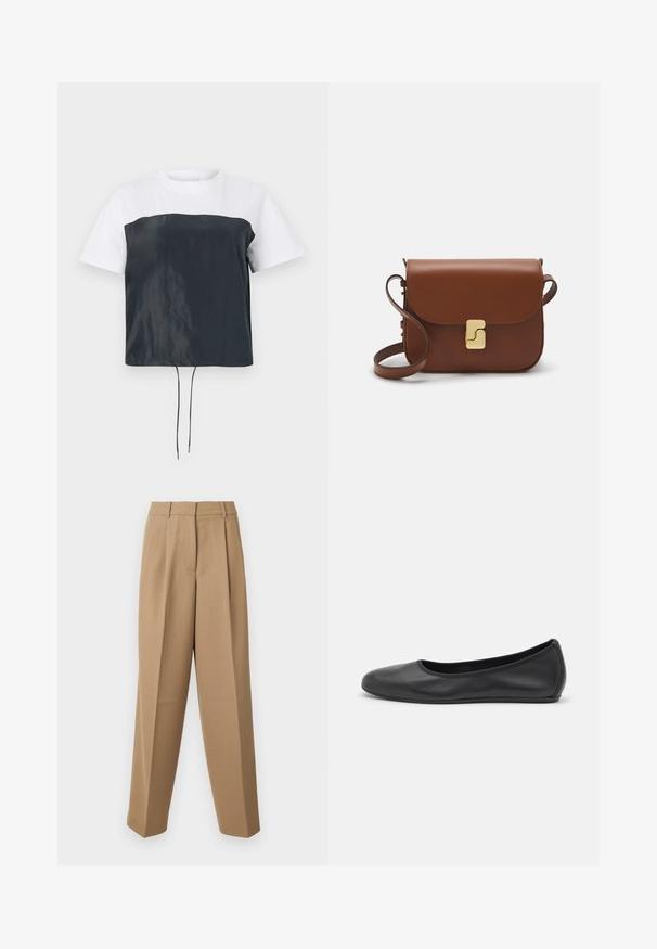 Krátký rukáv, zkrácený tričko s bílým bavlněným vrškem a tmavě šedým, lesklým polyesterovým spodkem s nastavitelným šňůrkovým lemem.; Béžové zakázkové kalhoty s vysokým pasem, na přední straně skladkami a širokým střihem. Tkanina se zdá být hladká s mírným leskem.; Černé kožené baletní byty s kulatou špičkou, hladkou texturou, minimálními švy a flexibilním designem podrážky.; Hnědá kožená kabelka s klopou, zlatými kovovými detaily, ramenním popruhem a hladkým povrchem. Kompaktní obdélníkový tvar.