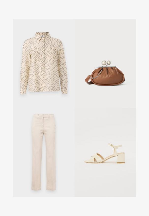 Camicia a maniche lunghe in un tessuto beige chiaro, caratterizzata da un motivo a pois marroni ripetitivo, colletto e chiusura con bottoni.; Pantaloni in cotone beige con una vestibilità su misura, gambe dritte, cerniera frontale e una texture liscia. Presentano passanti per cintura tradizionali.; Sandali con tacco in pelle verniciata beige, design con cinturino incrociato, punta aperta, cinturino alla caviglia regolabile e tacco a blocco. Texture liscia.; Pochette in pelle marrone con chiusura a sfera argentata e un piccolo dettaglio a catena argento su sfondo bianco.