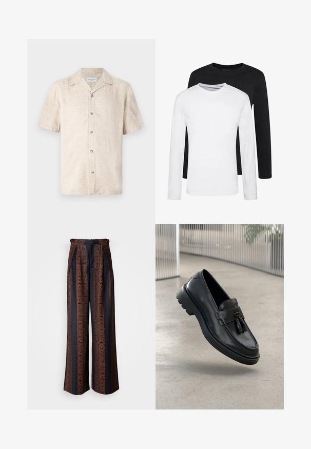 Bezešvé béžové tričko s krátkým rukávem, které má jemný květinový vzor a pět knoflíků vpředu, vyrobené z lehkého materiálu.; Dvoje dlouhých rukávů, jedno černé a jedno bílé, vyrobené z bavlny s kulatým výstřihem a hladkou texturou, vystavené ve srovnaném uspořádání.; Široké kalhoty z tmavě modré tkaniny s jemným oranžovým geometrickým vzorem, s sklady vpředu a přiléhavým pasem.; Černé kožené mokasíny s hladkým povrchem, dekorativní střapec, silná gumová podrážka a prošité detaily. Lehký a elegantní design.