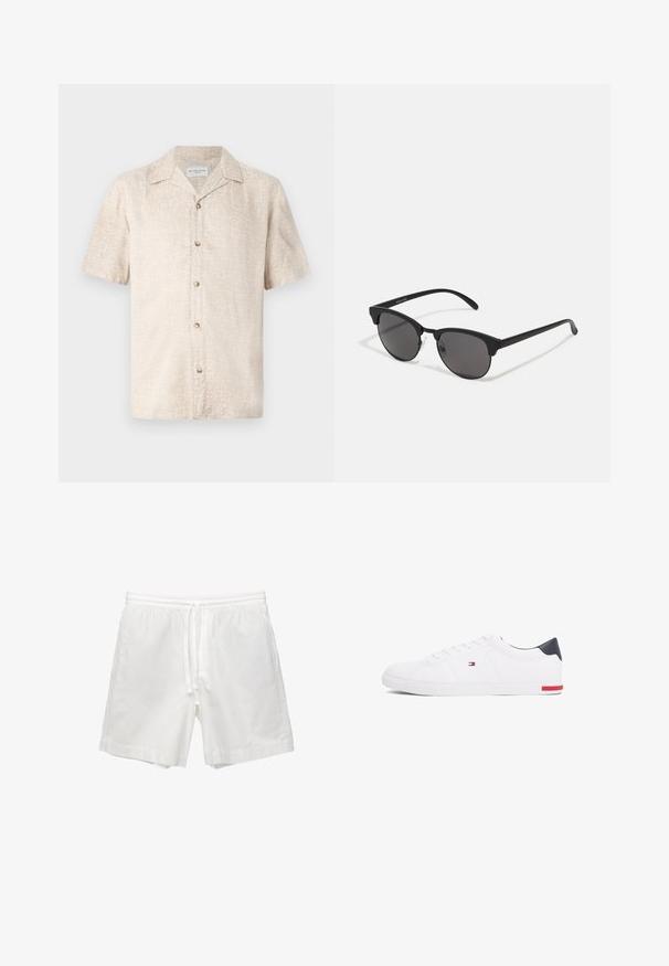 Korte mouwen, beige shirt met een subtiel bloemenpatroon en vijf knopen aan de voorkant, gemaakt van lichte stof.; Witte katoenen shorts met een elastische tailleband met trekkoord, zijzakken en een rechte snit met afgewerkte zomen.; Witte lage sneakers gemaakt van glad leer. Beschikt over een marineblauwe hielkap en een rode accent op de zool. Zes oogjes voor veters.; Zwarte zonnebril met ronde lenzen, matte afwerking en een kenmerkende cat-eye vorm. Slanke armen met subtiele branding op de linkertempel.