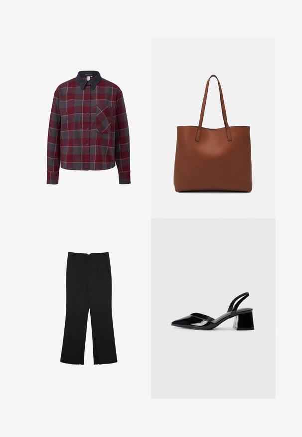 Karierte Button-Up-Hemd mit roten, grauen und weißen Quadraten. Aus Baumwolle, mit einem Cordkragen und einer Brusttasche. Lange Ärmel.; Schwarze Hose mit geradem Schnitt, ausgestattet mit Fronttaschen und Seitenschlitzen am Saum. Hergestellt aus weichem, glattem Stoff. Geeignet für verschiedene Anlässe.; Schwarze Lackleder-Slingback-High Heels mit spitzem Schuh und einem geometrischen Blockabsatz. Verfügt über ein schlankes, minimalistisches Design und eine glatte Textur.; Braune Leder-Tote mit glatter Textur, offenem Oberteil und zwei Schulterriemen. Verfügt über minimale Nähte und keine sichtbaren Beschläge.