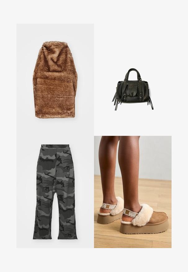 Jaded London ZENE BACKLESS - Felső - brown; Fekete és szürke árnyalatú álcázott melegítőnadrág, elasztikus derékkal, laza szabással és enyhe hasítékokkal a lábak alján.; Barna platform papucs, prémes pánttal és puha bézs szőrme díszítéssel. A pánton logó található, valamint texturált talp.; Fekete bőrtáska fonott füllel, cipzáras zsebbel és lógó bojtokkal. Texturált felület fém szegecsekkel és hardver díszítésekkel.