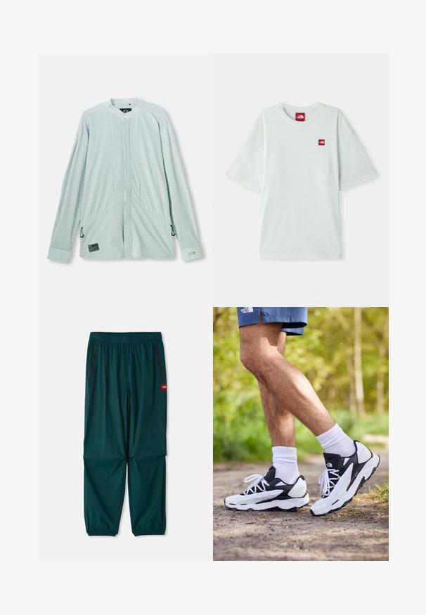 Prugasta košulja s dugim rukavima u zelenoj i bijeloj boji. Ima mandarin kragnu, bočne kravate i oznaku branda na donjem prednjem dijelu. Lagani materijal.; Svijetlozeleni kratki rukav majica od mekog pamuka, s malom crvenom oznakom na lijevoj strani prsnog područja. Opustit će se i okrugli izrez.; Vanjske hlače u tamno plavoj boji, s rastezljivim pojasom, dvama bočnim džepovima na patentni zatvarač i rastezljivim manžetama na gležnjevima. Lagani materijal.; Crne i bijele atletske tenisice s mrežastim gornjim dijelom, teksturiranim detaljima i bijelim vezicama. Nosene s bijelim čarapama do gležnja i tamnoplavim šortsem na stazi.