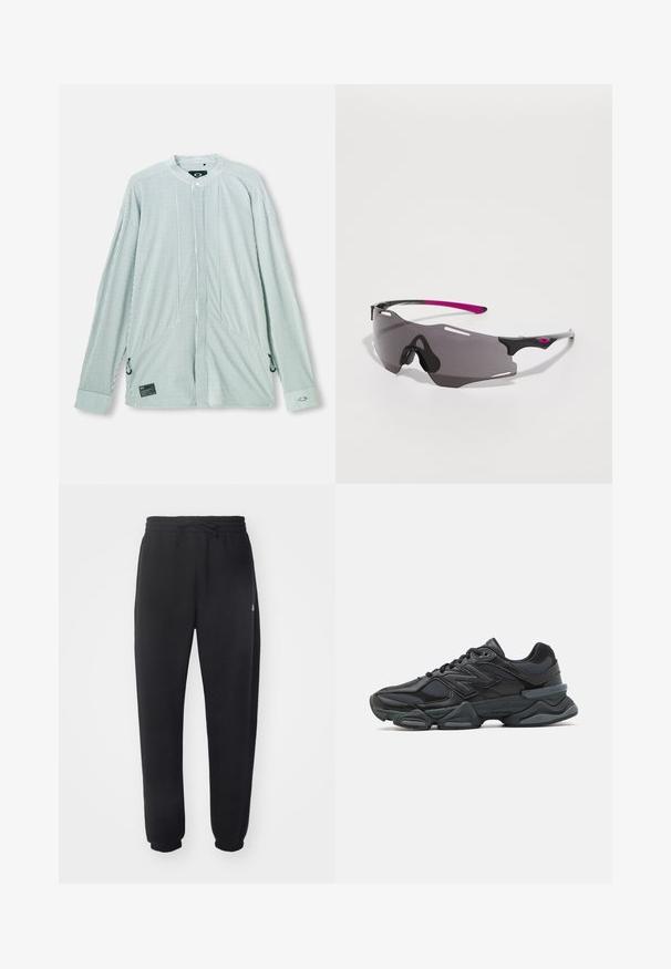 Striped langermet skjorte i grønn og hvit. Har en mandarin krage, sidesnører og et merke på den nederste fronten. Lett stoff.; Sorte joggebukser laget av mykt materiale med elastisk midje, snor og smale mansjetter, med en diskret logo på siden.; Svart løpesko med en blanding av mesh og syntetiske materialer, chunky såle, buet design og fremtredende merkevare på siden.; Sport solbriller med en slank svart ramme, lilla detaljer og mørkt fargede linser. Har en innfatning som omslutter ansiktet med ventilasjonsåpninger.