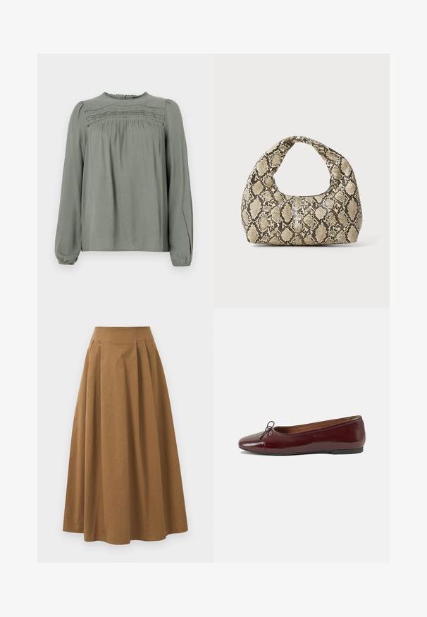 Svijetlozelena bluza dugih rukava napravljena od glatke tkanine. Ima nabrane detalje na ramenima i teksturirani panel preko prsiju.; Smeđa pamučna suknja A kroja s visokim strukom, koja ima nabore sprijeda i glatku teksturu. Završetci donjeg ruba su čisti i jednostavni.; Burgundska lakirana balerinka s zaobljenim vrhom, malim mašnom sprijeda i niskom, crnom gumenom potplatu. Glatka tekstura.; Torba s uzorkom zmije s zakrivljenom drškom. Izrađena od teksturiranih materijala u bež i smešnim tonovima, sa karakterističnim dijamantnim uzorkom.
