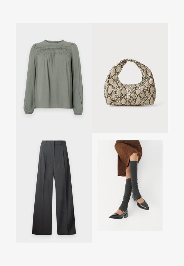 Světle zelená blůza s dlouhým rukávem vyrobená z hladké látky. Obsahuje nařasené detaily na ramenou a strukturovaný panel přes hrudník.; Široké kalhoty z tmavě šedé látky, s vysokým pasem, jedním skladem a hladkou texturou s čistým zakončením na lemech.; Černé lakované boty s špičatou špičkou, blokovým podpatkem a kotníkovým páskem, spárované s šedými žebrovanými návleky na nohy a hnědskou sukní z semiše.; Kabelka s hadím vzorem a zakřiveným držadlem. Vyrobena z texturovaných béžových a hnědých materiálů, s charakteristickým diamantovým vzorem.