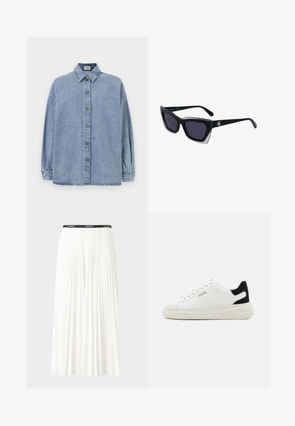 Camisa de ganga azul clara com frente abotoada, colarinho pontiagudo e mangas longas. Apresenta desbotamento suave e bainha arredondada.; Saia plissada branca com uma cintura elástica preta que apresenta o logótipo "LACOSTE". Design de comprimento médio com textura suave.; Sapatilhas brancas de couro com uma sola branca espessa, detalhe em camurça preta no calcanhar e logótipo em relevo na lateral. Design com atacadores e seis ilhós.; Óculos de sol oversized pretos com forma geométrica, apresentando lentes escuras e um detalhe cinza em contraste na armação. Logotipo na haste.
