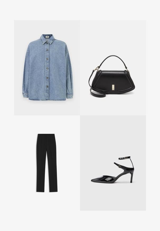 Light blue denim shirt with a button-up front, pointed collar, and long sleeves. Features subtle fading and rounded hem.; Black tailored trousers with a straight-leg design, featuring front pockets and a smooth, textured fabric. Neat, minimal detailing.; Black patent leather heels with a pointed toe, adjustable ankle straps, and a slender heel. Smooth texture with a shiny finish.; Black leather handbag with a structured design, featuring a cropped shape, top handle, and gold hardware accent. Adjustable shoulder strap included.