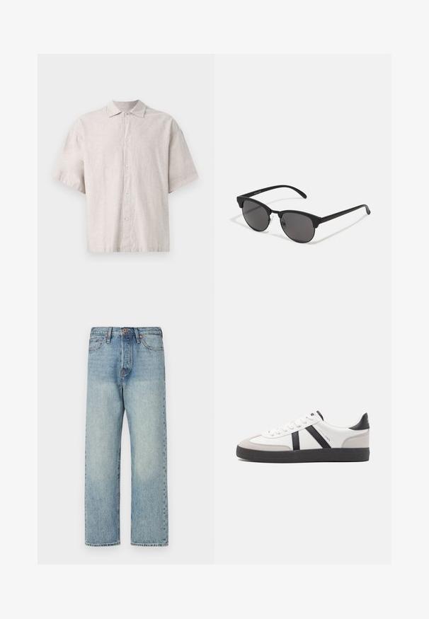 Világosszürke, rövid ujjas ing lenből. Gombos elülső részével, lapos gallérral rendelkezik, és laza szabású, puha tapintású.; Világoskék farmernadrág egyenes lábbal, öt zsebbel és bronz kiegészítőkkel. Minimális kopás, tiszta kivitel.; Fehér sneaker fekete és szürke részletekkel, textúrált szürke orr résszel, fekete gumitalppal és lapos fehér fűzőkkel. Tiszta dizájn, minimalista stílus.; Fekete napszemüveg kerek lencsékkel, matt felülettel és jellegzetes macska szem formával. Vékony szárak, a bal oldali templomon diszkrét márkajelzéssel.