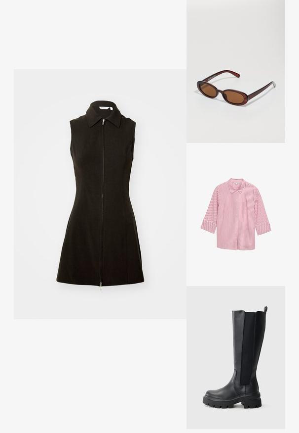 Rosa-weißer gestreifter Hemd mit Knöpfen, Kragen und Dreiviertelärmel, aus glattem Stoff mit gleichmäßig verteilten vertikalen Streifen.; Schwarzes ärmelloses Kleid mit kragenförmigem Ausschnitt und Reißverschluss vorne, aus glattem Stoff mit einer figurbetonten Silhouette und ausgestellt geschnittenem Saum.; Schwarze kniehohe Stiefel mit einem glatten Lederoberteil und kontrastierenden elastischen seitlichen Einsätzen. Chunky Gummisohle mit ausgeprägtem Profil.; Runde, braun getönte Sonnenbrillen mit einem glänzenden burgunderfarbenen Rahmen. Schlanke Bügel mit dezentem Branding. Flaches Linsendesign.; Geflochtene burgunderfarbene Lederhandtasche mit runder Form, dickem Griff und Reißverschlussöffnung. Sie zeichnet sich durch eine glatte Textur und ein geflochtenes Muster aus.