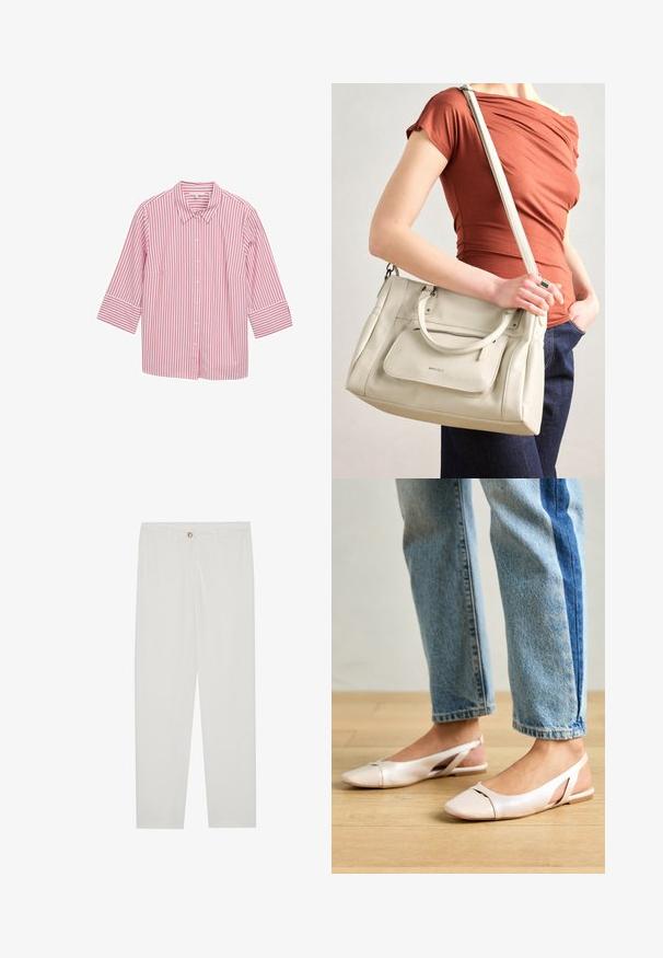 Růžová a bílá pruhovaná košile na knoflíky s límečkem a tříčtvrtečními rukávy, vyrobená z hladkého materiálu a s rovnoměrně rozmístěnými vertikálními pruhy.; Bílé kalhoty na míru s rovnými nohavicemi, se zapínáním na knoflík, poutky na opasek a bočními kapsami; hladká struktura látky.; Světle růžové slingback baleríny s špičatou špičkou, vyrobené z hladkého koženému materiálu. Obsahují vystřihovací detaily po stranách a plochý podpatek.; Bílá kožená kabelka s dvojitými uchy a odnímatelným popruhem, která má přední zipovou kapsu a hladký povrch. Nese se na paži osoby.