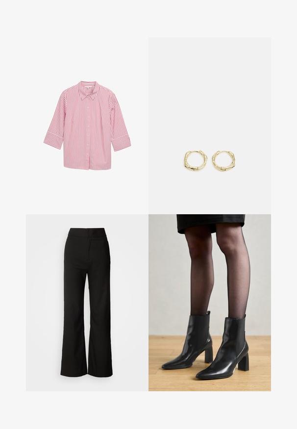 Camicia con colletto a righe rosa e bianche, con maniche a tre quarti, realizzata in un tessuto liscio e caratterizzata da righe verticali di dimensioni uniformi.; Pantaloni neri a gamba larga con texture liscia, vita alta e design semplice. Nessuna tasca visibile o decorazioni.; Stivaletti neri in pelle con punta affusolata, tacco quadrato imponente e design elegante. Dotati di pannelli laterali elasticizzati per una facile vestibilità.; Orecchini a cerchio in oro con una forma irregolare e texture. Presentano una chiusura senza giunture e una finitura superficiale lucida, che enfatizza un design moderno.