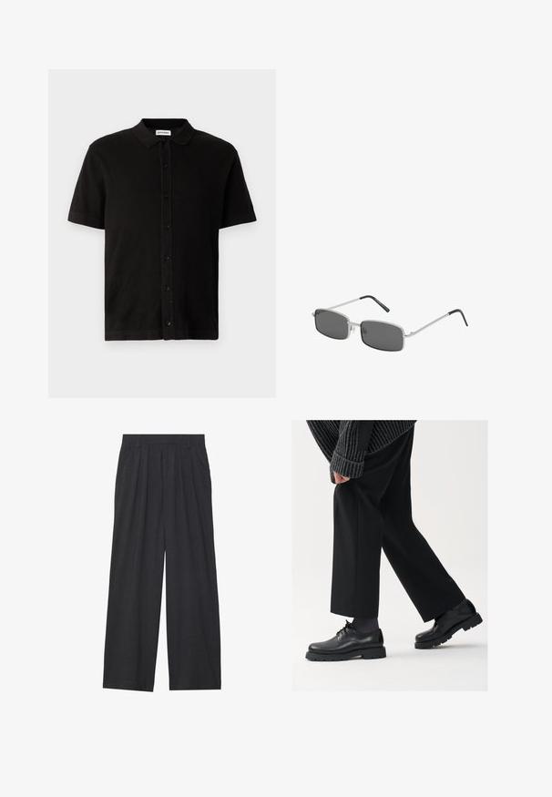 Svart kortärmad polo skjorta gjord av texturerat tyg med knappstängning fram och klassisk krage. Har en rak fåll.; Vidbyxorna är tillverkade av mörkgrått tyg. De har veck i midjan, en skräddarsydd design och en rak silhuett.; Svarta läderskor med rund tå, snörningsdesign och tjock, strukturerad sula. Bärs med skräddarsydda svarta byxor och en ribbad tröja.; Rektangulära solglasögon med mörkgrå linser, tunn silverfärgad metallram och svarta gummibelagda skalmar. Minimalistisk design.; Svart läderarmbandsur med ett runt silverfärgat hölje, grå urtavla, vita romerska siffror och datavisning för onsdag.; Silvrig halsband med en rektangulär hängsmycke med intrikat mönster, en fin kedja och en justerbar låsning för längdjustering.