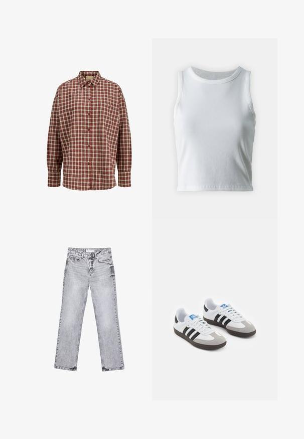 Rot-beiges kariertes Hemd mit Button-Down-Kragen, langen Ärmeln, Brusttasche und lockerem Schnitt. Weiche Stoffstruktur.; Weißes, geripptes Tanktop mit runder Ausschnittform und ärmellosem Design, ausgestattet mit einem geraden Saum und einer glatten, dehnbaren Textur.; Graue Jeans aus Denim mit geradem Bein, mit Used-Effekten, fünf Taschen und kupferfarbenen Nieten. Der Bund verfügt über ein Logoshirt.; Sportschuhe mit einem Obermaterial aus weißem Leder, grauer Wildleder-Zehenkappe und drei schwarzen Streifen. Sie verfügen über ein blaues Logo auf der Zunge und eine strukturierte Gummisohle.