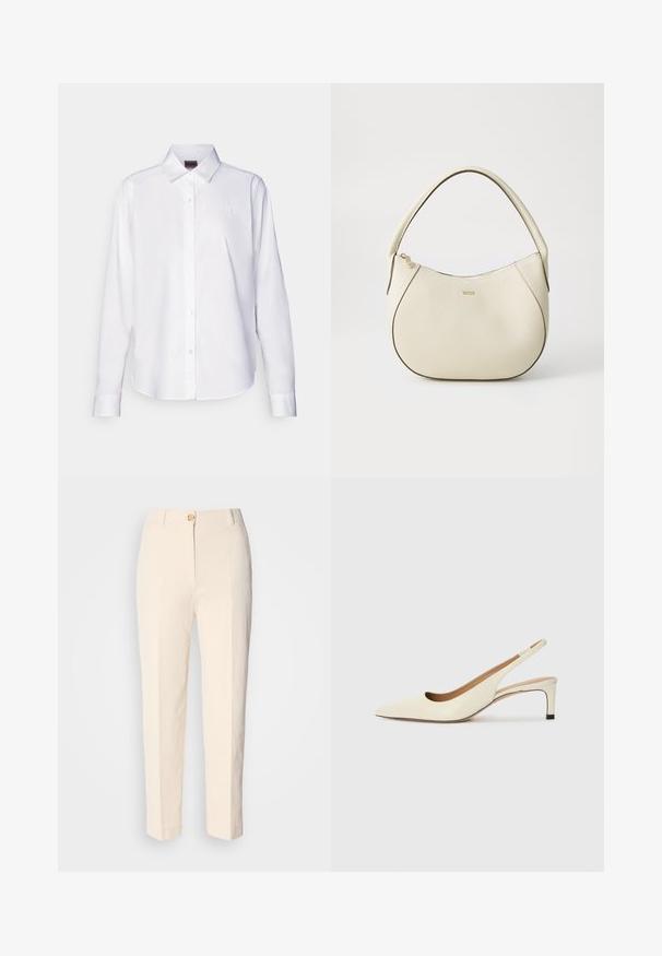 Biała, długo rękawowa koszula zapinana na guziki wykonana z bawełny. Posiada klasyczny kołnierzyk oraz subtelne haftowane logo na klatce piersiowej. Gładka tekstura.; Kremowe, wysokie spodnie wykonane z teksturowanej tkaniny. Posiadają zapięcie na guzik z przodu oraz zwężające się nogawki.; Sandały na niskim obcasie w kolorze kości słoniowej, z ostrym noskiem i wycięciami, o gładkiej teksturze i minimalnych akcentach.; Kremowa torebka o teksturowanym wykończeniu, zaokrąglonym kształcie, krótkim uchwycie i złotym logo. Zamek błyskawiczny na górze.; Złocony naszyjnik z gładkim, zakrzywionym centralnym akcentem. Posiada elastyczny łańcuszek z zapięciem typu homar oraz dodatkowymi regulowanymi ogniwami łańcucha.
