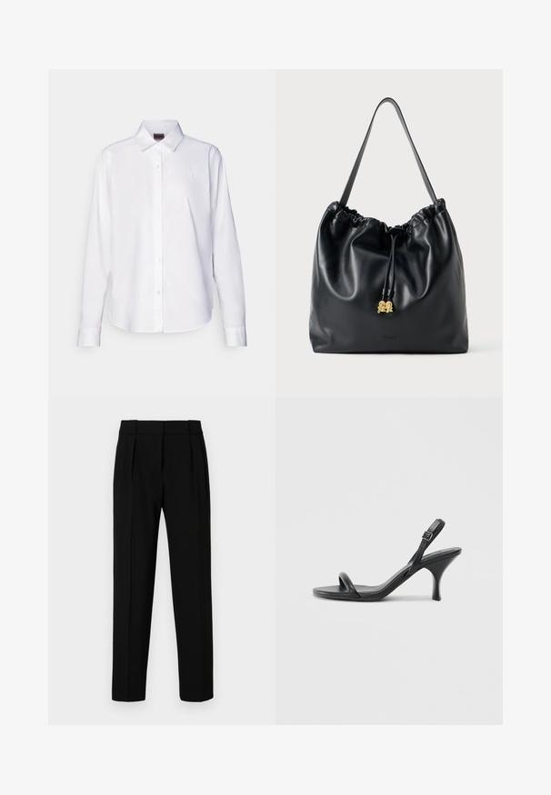 Balta ilga rankovė mygtukų marškiniai, pagaminti iš medvilnės. Yra klasikinis apykaklė ir subtilus prekės ženklo siuvinėjimas ant krūtinės. Lygi tekstūra.; Juodos pritaikytos kelnės su tiesiu siluetu, raukiniu priekyje, blizgia medžiaga ir vidutinio pločio juosmeniu. Nėra matomų kišenių ar metalinių detalių.; Juodos odinės aukštakulnės šlepetės su plonu, kreiviu kulnu ir kryžminiu dirželio dizainu. Reguliuojamas kulkšnies dirželis. Lygus paviršius.; Juodas odinis maišelis su virvute, turintis lygią tekstūrą, susiraukšlėtą viršų ir subtilų auksinį apdailą. Turi vieną tvirtą diržą ir įspaustą logotipą.