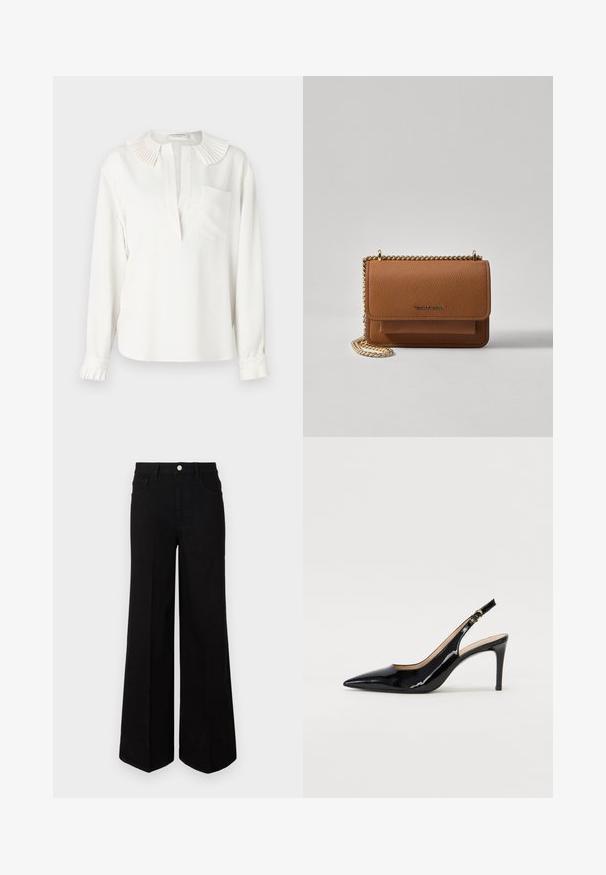 White long-sleeve blouse with a pleated collar, front placket, and single chest pocket. Features gathered cuffs with pleat details.; Black wide-leg jeans made of sturdy fabric, featuring a high waist, front pockets, and a front button closure. Flat hem at the bottom.; Black patent leather slingback pump with pointed toe, slim heel, and a subtle cutout design. Features a gold buckle on the strap.; Brown textured leather crossbody bag with gold chain strap and flap closure. Front features logo detail and a pocket under the flap.