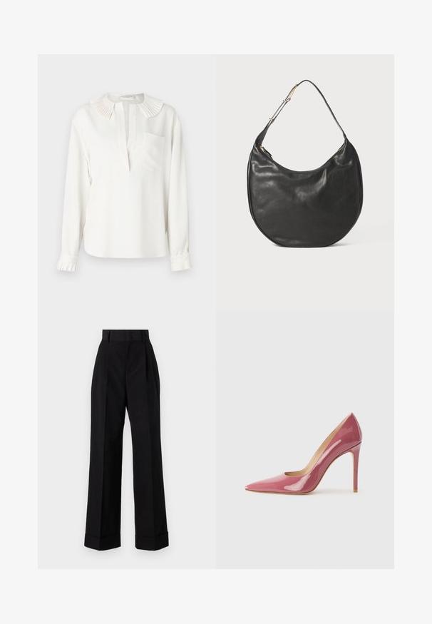 Balta ilgomis rankovėmis bluzonė su plisuotu apykakle, priekiniais klostėmis ir viena krūtine kišene. Su susirinktomis rankovėmis su plisuotomis detalėmis.; Aukštu liemeniu juodos kelnės, pagamintos iš medvilnės. Turi plačius klešnės, klostes ir suktus rankogalius. Lygus paviršius, be matomų raštų ar aparatūros.; Rožinės plastikinių odos aukštakulnės bateliai su smailiu pirštu ir elegantiška siluetu, turintys išpjovą detalę ir stiletą kulną.; Juodas odinis hobo krepšys su lygiu paviršiumi, pusmėnulio forma ir reguliuojama rankena. Yra auksinės spalvos užtrauktukas ir minimalistinis dizainas.