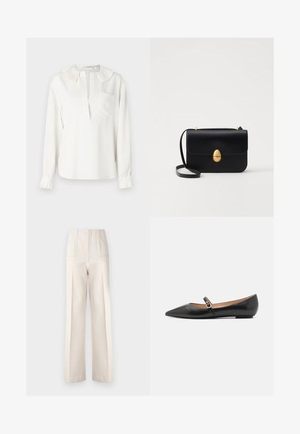 White long-sleeve blouse with a pleated collar, front placket, and single chest pocket. Features gathered cuffs with pleat details.; Beige wide-leg trousers with a high waist, two front pockets, and visible stitching details. Made from a smooth, lightweight fabric.; Black leather ballet flats with a pointed toe and a side strap featuring a circular gold accent. Lightweight with a flat sole.; Black leather handbag with a structured rectangular shape. Features a golden oval clasp and a thin shoulder strap. Smooth texture.