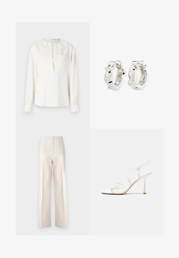 Bílá blůza s dlouhým rukávem a skládacím límcem, přední légou a jednou náprsní kapsou. Má gumičkované manžety s detaily v plisování.; Beige široké kalhoty s vysokým pasem, dvěma předními kapsami a viditelnými stehmi. Vyrobeny z hladké, lehké tkaniny.; Bílé sandály na vysokém podpatku s tenkým páskem kolem kotníku, plochou špičkou, texturovaným předním dílem s nařasenými detaily.; Stříbrné kruhové náušnice s texturovaným, nepravidelným designem. Povrch je lesklý a ukazuje křivky a kontury. Vnitřní prostor je dutý.