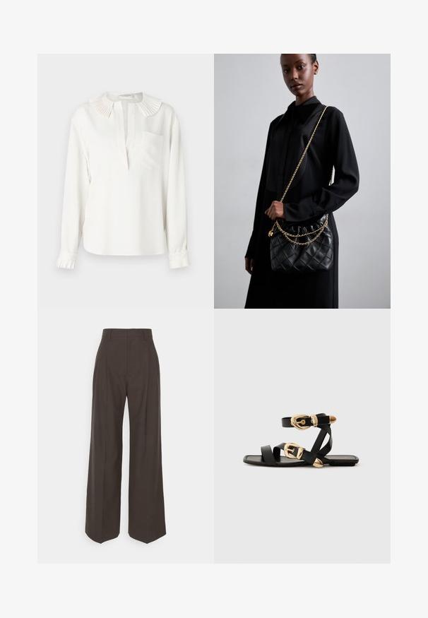Blusa bianca a maniche lunghe con colletto plissettato, pattina frontale e taschino singolo sul petto. Include polsini arricciati con dettagli a plissettatura.; Pantaloni ampi marrone scuro con vita alta, caratterizzati da pieghe ben stirate, una texture liscia e una vestibilità su misura.; Sandali neri in pelle con dettagli in oro, caratterizzati da più cinghie e una suola piatta per un design open-toe.; Borsa a tracolla in pelle nera trapuntata con apertura arricciata, tracolla in catena dorata e forma rettangolare, appoggiata su uno sfondo semplice.