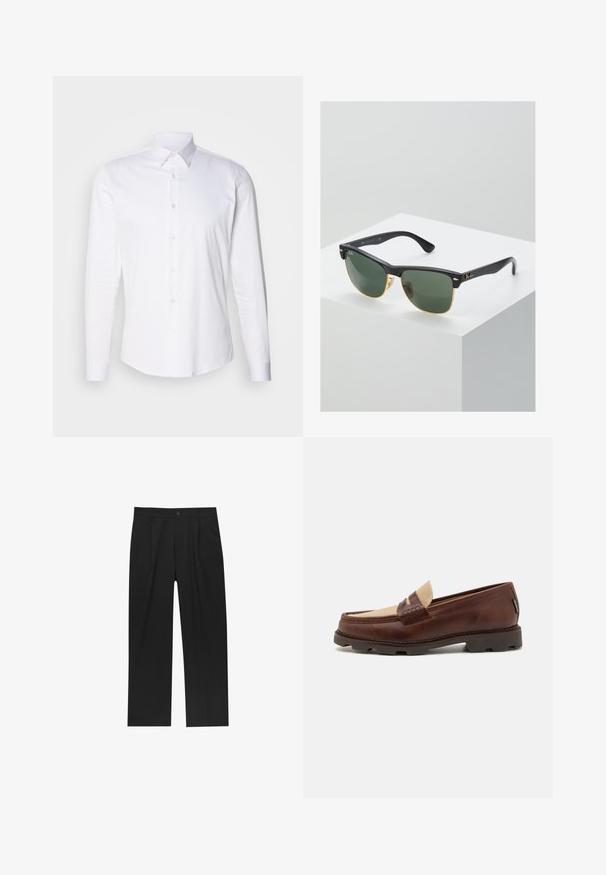 Bílá košile s dlouhým rukávem a knoflíkovým zapínáním, s límečkem, slim fit, vyrobená z jemného materiálu a se rovnými okraji. Obsahuje jemnou texturu a průhledné knoflíky.; Černé kalhoty s rovnými nohavicemi, vyrobené z hladké tkaniny. Mají přední záhyby a jedno knoflíkové zapínání v pase.; Hnědé kožené mokasíny s taupe plátěným akcentem, prošívanými detaily a texturovanou gumovou podrážkou navrženou pro pohodlí a odolnost.; Sluneční brýle Ray-Ban se zelenými skly, černými plastovými rámy a zlatými akcenty na okrajích. Čtvercový tvar s matným povrchem.