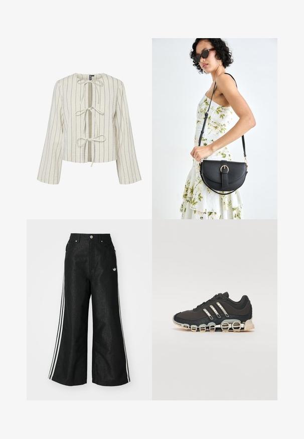 Balta trumpa striukė su mėlynomis vertikaliomis juostelėmis, turi apvalų iškirpimą, ilgasRankoves ir priekinį uždarymą su raiščiais. Textūruotas audinys.; Juodos plačios džinsinės kelnės su trimis baltais juostelėmis kiekvienoje pusėje ir mažu baltu logotipu. Yra priekiniai kišenės ir sagčių užsegimas.; Juodos sportinės avalynės su tekstūruotu viršumi, trimis sidabro juostomis ir išskirtiniu amortizuojančiu padu, turinčiu kelias integruotas dalis.; Juodas odinis krepšys su išlenkta forma, nuimamu dirželiu ir auksiniais detalėmis. Krepšys turi kilpą su sagtimi.