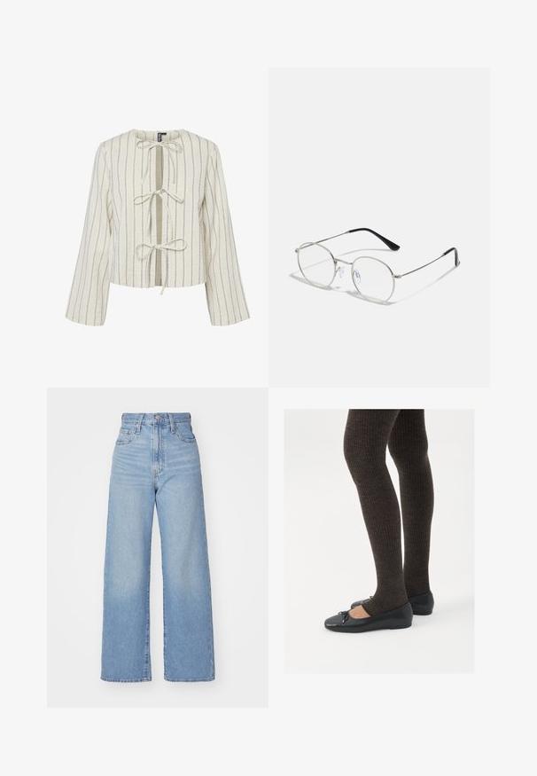 Baltā īsā jaka ar zilām vertikālām svītrām, ar noapaļotu kakla izgriezumu, garām piedurknēm un priekšējiem saites aizvēršanai. Struktūrizēta auduma.; Gaiši zili augstās jostas vidukļa platās bikses ar priekšējo pogu un rāvējslēdzēju, priekšējām un aizmugurējām kabatām uz baltā fona.; Melnas plakano formas kurpes ar mazu loku uz pirksta, apvienotas ar tumši brūnām ribotām zeķubiksēm. Kurpēm ir gluda tekstūra un zems profils.; Apaļas metāla brilles ar tievu sudraba rāmi, caurspīdīgām lentiņām un melniem kātiem, kas aprīkoti ar gumijas galiem komfortam. Minimalistiskais dizains.