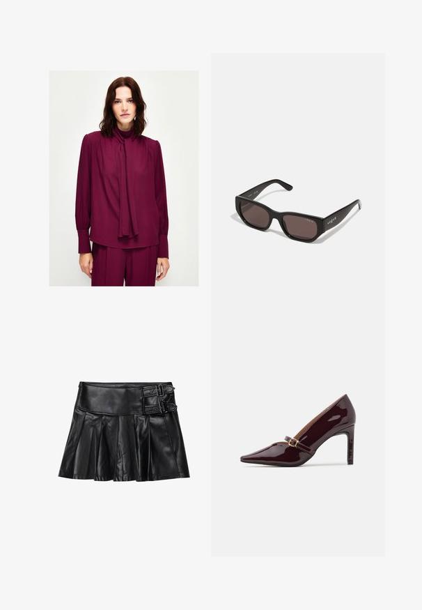 adL TIE DETAILED LONG SLEEVE - Bluse - damson; Schwarze Lederrock mit Falten, breitem Bund und zwei Schnallenakzenten an der Seite. Glatte Textur mit glänzendem Finish.; Patente burgunderfarbene High Heels mit spitzer Zehenpartie, Knöchelriemen mit goldfarbenen Beschlägen und einer eleganten, polierten Oberfläche. Erhöhter Stiletto-Absatz.; Schwarze rechteckige Sonnenbrille mit dunklen Gläsern. Verfügt über ein glattes Kunststoffgestell und ein Logo-Detail an den Bügeln. Sauberes, modernes Design.; Burgunderfarbene Handtasche aus synthetischem Material mit strukturiertem Design, ausgestattet mit einem abnehmbaren Trageriemen und einem blumenmusternden Schal, der am Griff gebunden ist.