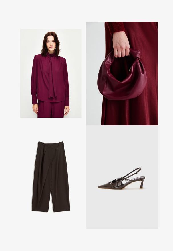 adL TIE DETAILED LONG SLEEVE - Camicetta - damson; Pantaloni a gamba larga marrone scuro con vita alta, dotati di una chiusura con bottone singolo e una parte anteriore plissettata. Realizzati in tessuto leggero.; Tacco slingback in pelle verniciata marrone con punta affusolata, cinturini regolabili e fibbie decorative sul davanti. Altezza del tacco di 3 pollici.; Borsa in pelle bordeaux con un design morbido e arricciato e una forma arrotondata. Il manico è fissato, mostrando una texture liscia.