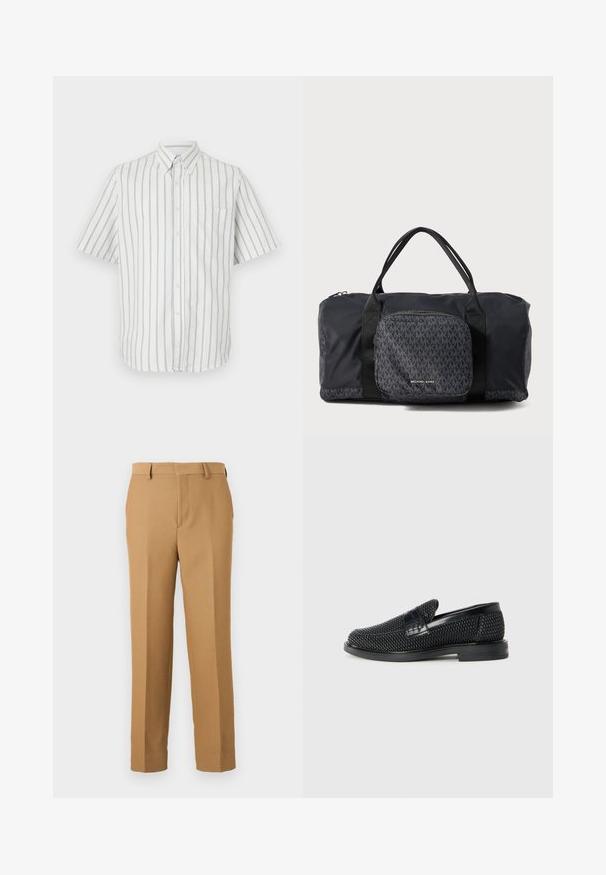 Kortermet skjorte i hvit med mørkegrå vertikale striper, med en lomme på venstre bryst og en standard kragedesign.; Beige dressbukser laget avvevd stoff, med rett snitt, flat front og beltehemper. Glatt tekstur uten synlige mønstre.; Sorte vevde slip-on sko med en glatt lærdetalj på overdelen, design med rund tå og en lavprofil gummisåle.; Svart Michael Kors duffel-veske med dobbelthåndtak, frontlomme med glidelås som har gjentatte MK-logoer og Michael Kors-merke.