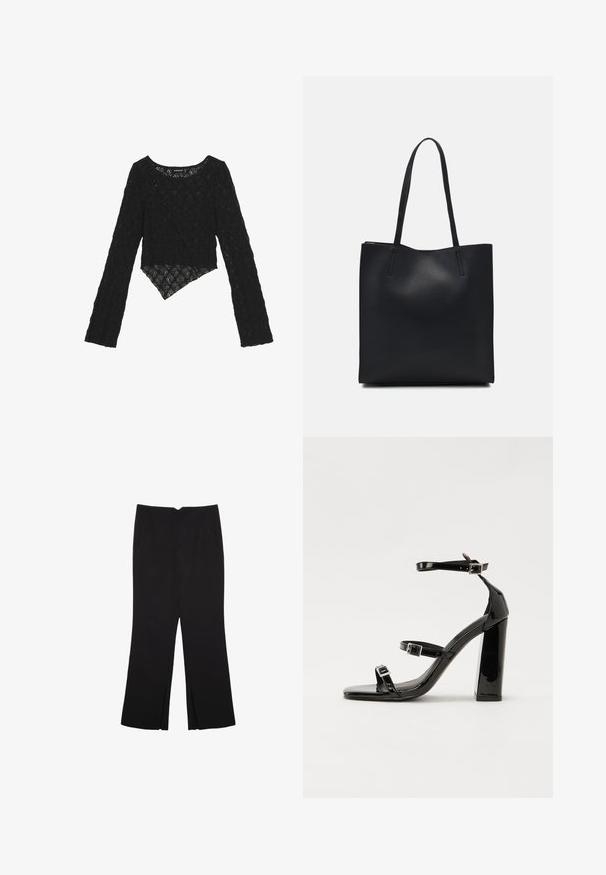 Czarna koronkowa bluzka z długim rękawem, z krótkim przodem, z teksturowanym wzorem kwiatowym i asymetrycznym dołem.; Czarne spodnie o prostym kroju, z przednimi kieszeniami i bocznymi rozcięciami na dole. Wykonane z miękkiego, gładkiego materiału. Odpowiednie na różne okazje.; Czarne lakierowane sandały na obcasie z kwadratowym noskiem, z paskami wokół kostki i srebrnymi klamrami. Posiadają masywny słupek dla stabilności.; Czarna skórzana torba tote o gładkiej fakturze, prostokątnym kształcie i dwóch długich uchwytach. Brak widocznych elementów metalowych i ozdób.