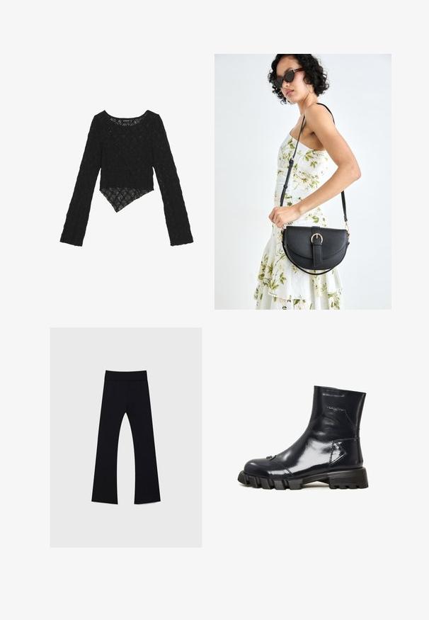 Svart spets långärmad topp med en kortad framsida, som har ett strukturerat blommönster och en asymmetrisk nederkant.; Svarta yogabyxor med hög midja, tillverkade av stretchigt tyg, med en utformat ben med utsvängd design och en mjuk yta genom hela byxorna.; Cesare Gaspari Platåstövletter - blue; Svart läderhandväska med en böjd form, avtagbar rem och guldiga detaljer. Väskan har ett lock med en spänndetalj.