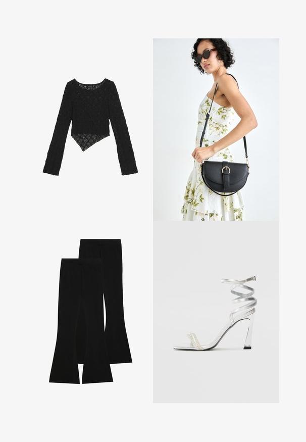 Top de rendas pretas com mangas compridas e frente curta, apresentando um padrão floral texturizado e uma bainha assimétrica.; Calças pretas largas feitas de tecido elástico, com uma cintura alta e uma textura suave, apresentando um design ajustado que se alarga a partir do joelho.; Sandalha de salto alto prateada com um design de tira brilhante, apresentando um detalhe semelhante a uma pérola e uma tira de tornozelo espiralada para um ajuste seguro.; Bolsa de couro preta com forma curva, alça destacável e detalhes em dourado. A bolsa possui uma aba com detalhe de fivela.