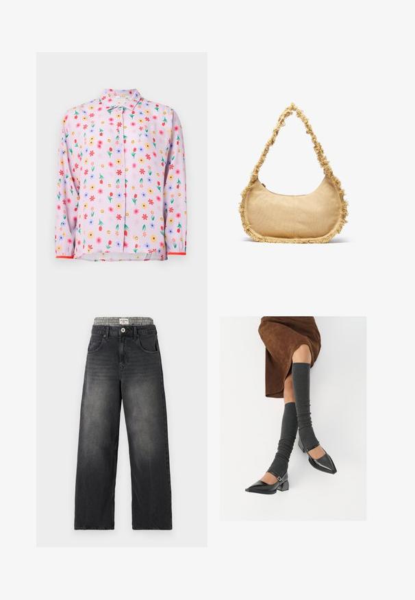 Blouse rose clair avec un motif floral composé de fleurs rouges, jaunes et bleues, des visages souriants, et un design à boutonnage devant. Manches longues avec des accents rouges.; Jeans large en denim noir avec une ceinture à motif pied-de-poule. Comprend des poches avant et une fermeture à bouton. Texture déchirée.; Chaussures à bout pointu en cuir verni noir avec un talon bloc et une bride à la cheville, accompagnées de jambières en maille grise et d'une jupe en daim marron.; Sac beige texturé de forme arrondie, avec un bord effiloché tout le long des bords et une courte sangle pour le porter. Ouverture zippée en haut.