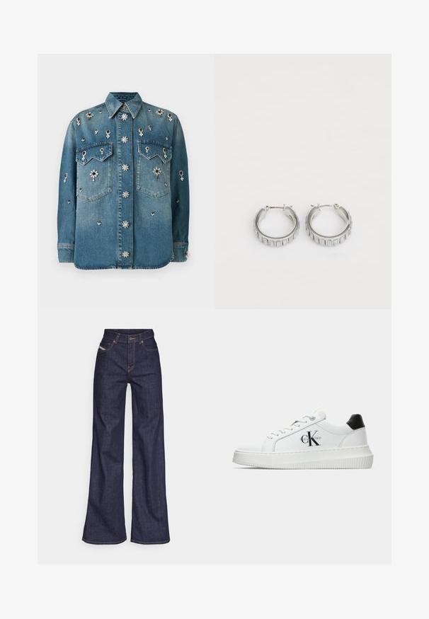 Denim jacket with long sleeves, front button closure, two chest pockets, decorated with clustered black and white rhinestone embellishments.; Dark blue wide-leg jeans in denim fabric with a high waist, featuring orange stitching, five-pocket design, and a button closure.; White low-top sneaker with black heel tab, platform sole, laces, and Calvin Klein "CK" logo on the side.; Silver hoop earrings with a textured design featuring vertical ridges. Circular shape with a secure latch closure. Smooth finish.