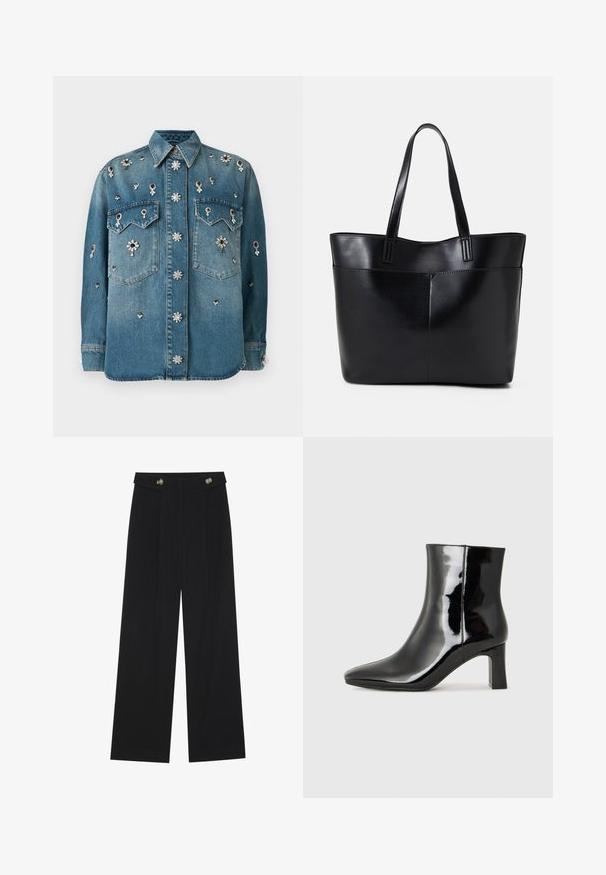 Casaco de ganga com mangas compridas, fecho de botões na frente, dois bolsos no peito, decorado com aplicações de strass pretos e brancos agrupados.; Calças largas pretas com cintura alta, detalhes em botão na cintura e pregas frontais.; Botim de tornozelo em pele sintética preta com bico apontado e salto bloco de altura média. Textura suave e design minimalista.; Bolsa tote preta em couro com duas alças longas, textura suave e forma estruturada. Apresenta um bolso frontal para armazenamento adicional.