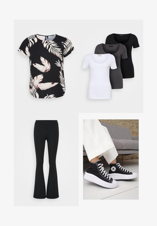 Melna blūze ar baltiem un bordo lapu rakstiem. Īsas piedurknes, apaļa kakla izgriezuma forma un brīva piegriezuma ar izliekumu apakšmalā.; Trīs pieguļoši T-krekli baltā, pelēkā un melnā krāsā. Katram ir plaša izgriezuma kakla un īsas piedurknes. Izgatavoti no gluda, elastīga auduma.; Melnas izplešanās bikses, izgatavotas no elastīga auduma, ar augstu vidukli un gludu tekstūru. Bikses izvēršas no ceļa.; Melni kanvas augstpapēžu apavi ar baltām gumijas zolēm un auklām. Ievērojams aplis logotips sānos un kontrastējoša balta šuvums.