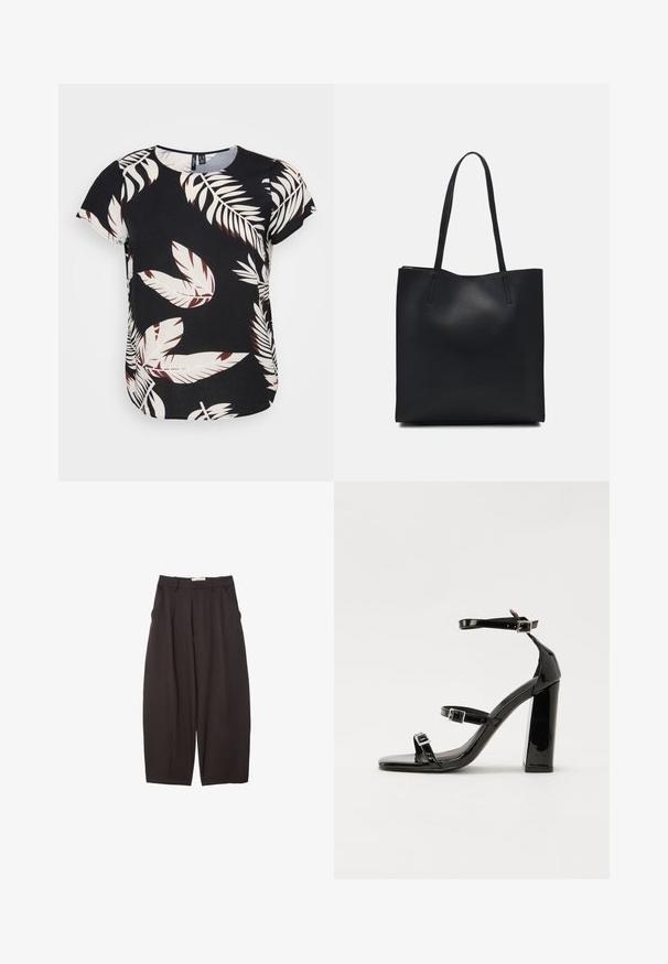 Črna majica z vzorcem listov v beli in maroon barvi. Kratkimi rokavi, okroglim izrezom in ohlapnim krojem s krivilom na dnu.; Črne široke hlače iz gladkega materiala, z visokim pasom, zgornjimi pregibi in stranskimi žepi. Preprost dizajn brez okrasnih elementov.; Črne lakirane sandale s peto, kvadratnim prstom, trakovi okrog gležnja in srebrnimi zaponkami. Opremljene so s stabilno Debelo peto.; Črna usnjena torba s svilnato teksturo, pravokotne oblike in dvema dolgima ročajema. Brez vidnih metalnih delov ali okrasnih elementov.