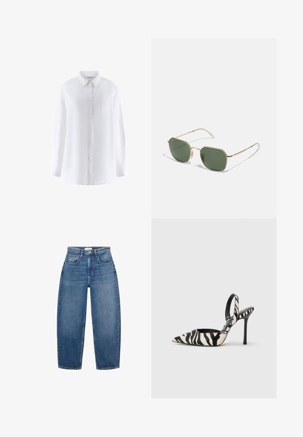 Bílé dlouhé rukávy košile s límečkem, přední zapínání na knoflíky, kapsa na prsou a hladká textilie.; Džíny z modré denimu s vysokým pasem a rovnými nohavicemi, vybavené pěti kapsami, poutky na opasek a jemným vyblednutím pro přidanou texturu.; Slingback podpatky s špičatou špičkou v černobílém zebrovém vzoru, s úzkým vysokým podpatkem a otevřenou zadní částí, s černým interiérem.; Sluneční brýle s zlatým rámem a zelenými skly, mají osmiúhelníkový tvar, tenké stranice a průhledné konce. Minimalistický design a hardwarové akcenty.