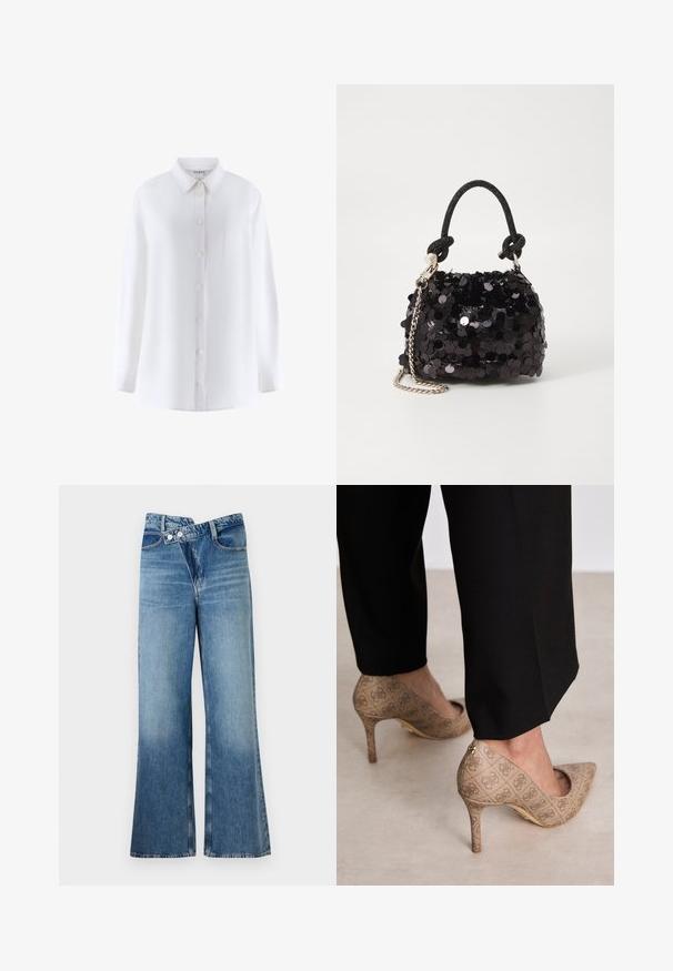 Witte lange mouwen shirt met een kraag, sluiting met knopen aan de voorkant, borstzak en een gladde stofstructuur.; Lichtblauwe flared jeans met een hoge taille, voorzien van twee knopen en voorzakken. De stof heeft een vervaagde textuur met subtiele variaties.; Beige hoge hakken met een gestructureerde stof met een herhalend patroon. Puntige neusontwerp met een achteraccent en gouden hakdetail.; Zwarte pailletten mini handtas met een geknoopte textuurriem en zilveren ketting. Rondvormig met een geplooide bovenkant en reflecterende details.