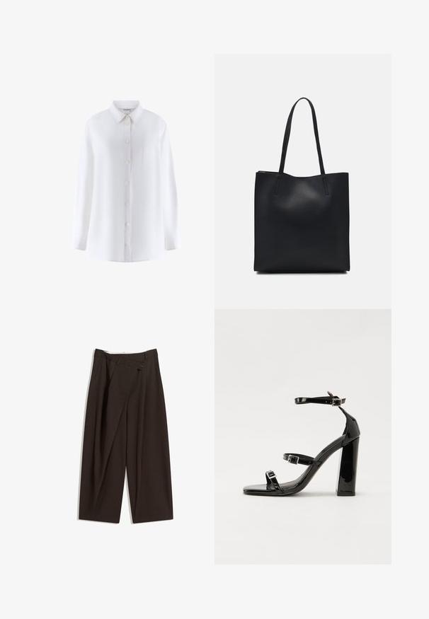 White long-sleeve shirt with a collar, front button closure, chest pocket, and a smooth fabric texture.; Dark brown wide-leg trousers with a high waist, featuring a single button closure and a pleated front. Made from lightweight fabric.; Black patent heeled sandals with a square toe, ankle straps, and silver buckles. Features a chunky block heel for stability.; Black leather tote bag with smooth texture, rectangular shape, and two long handles. No visible hardware or embellishments.